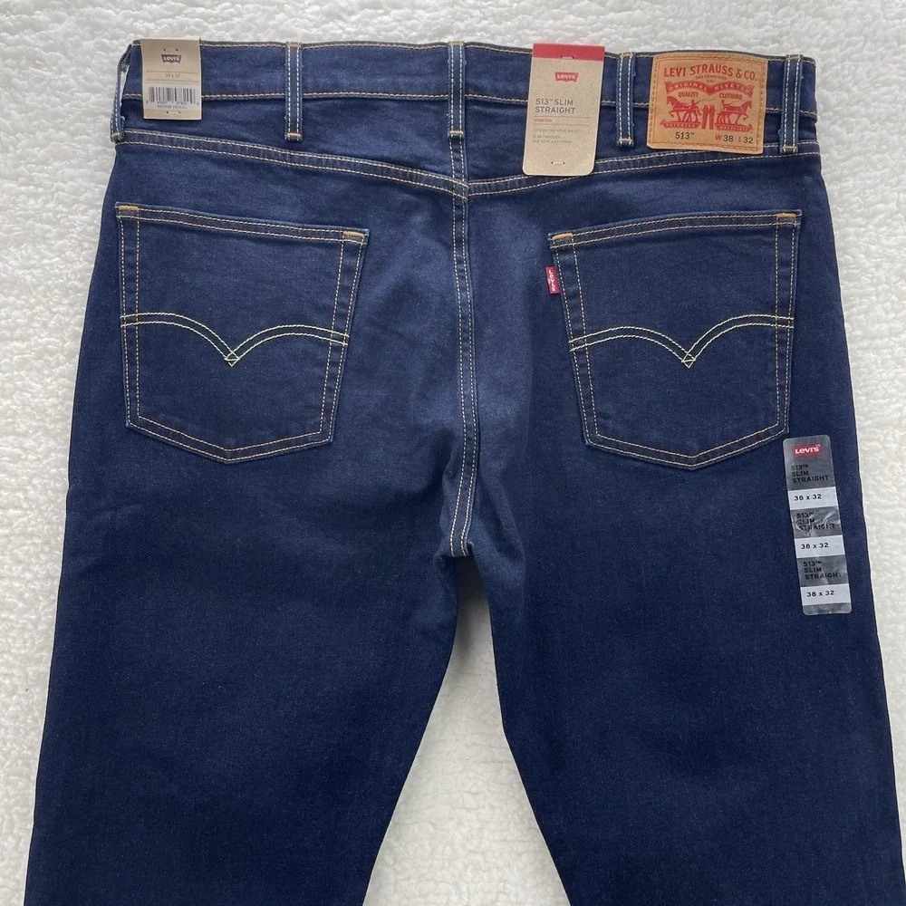Levis 513 Jeans Mens 38x32 Blue Slim Straight Dark Wash Stretch Denim Preppy NEW